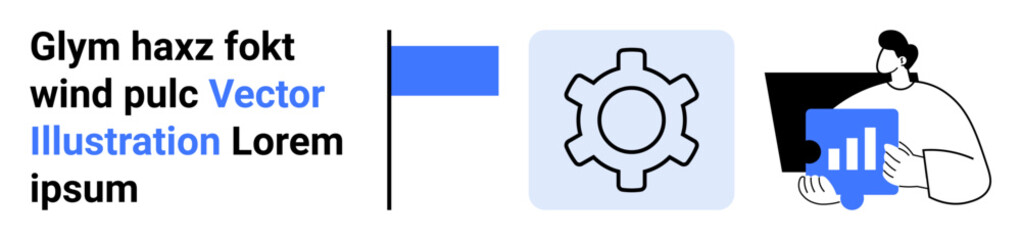 Gear icon for settings, person holding tablet with chart, blue accent. Ideal for workflow, analytics, technology, business solutions, strategy, teamwork simple landing page
