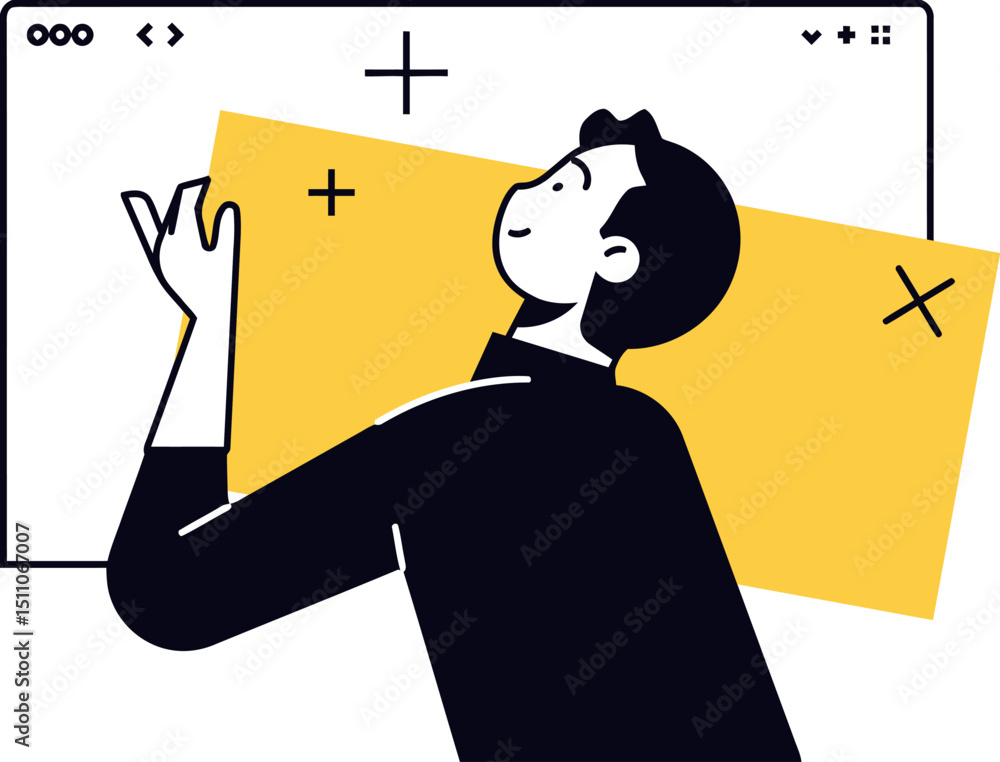 Poster man screen presentation technology business computer display interface interaction work design yello