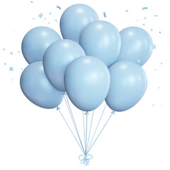 Bunch of baby blue balloons with confetti and ribbons. 3D Rendering on Transparent Background	
