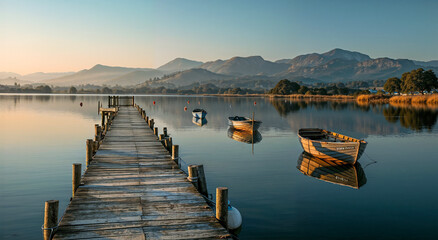 Quiet Morning: Lake Pier and Moored Boats