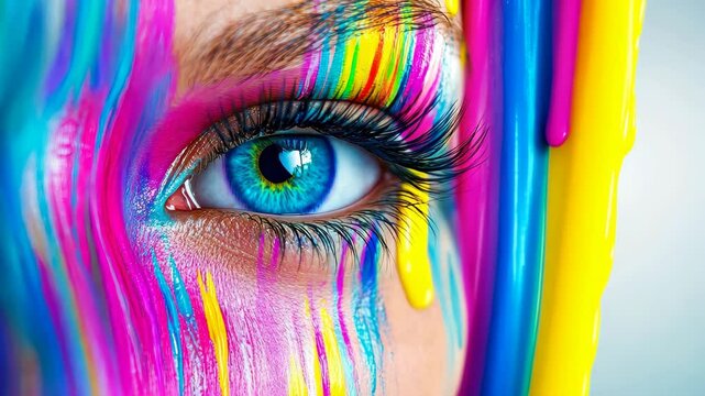 The Rainbow Gaze: A close-up portrait reveals a captivating eye adorned with vibrant rainbow colors cascading down like liquid art, a visual symphony of creativity.