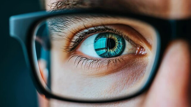 Eye Behind the Glasses: A captivating close-up reveals the detailed intricacies of a human eye peering through a pair of glasses, with focus on vision.