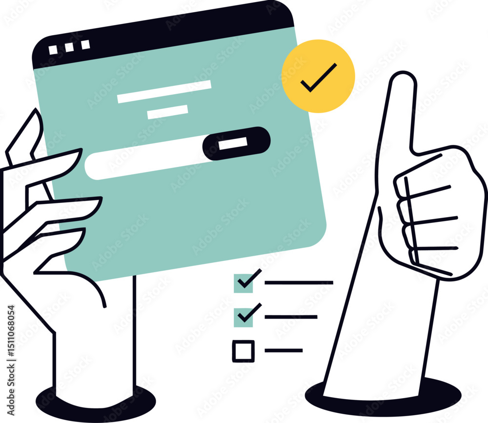 Poster website development ui ux design interface hands thumbs up checkmark success approved project comple