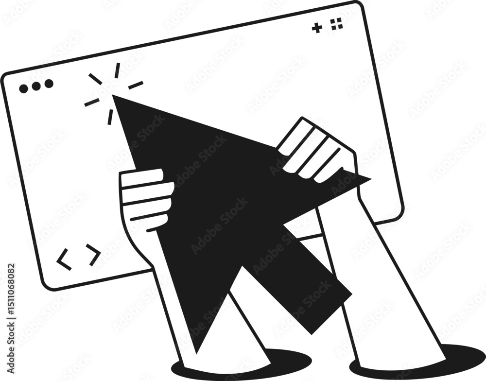 Poster illustration cursor hands pointing clicking selecting computer screen technology design black white 