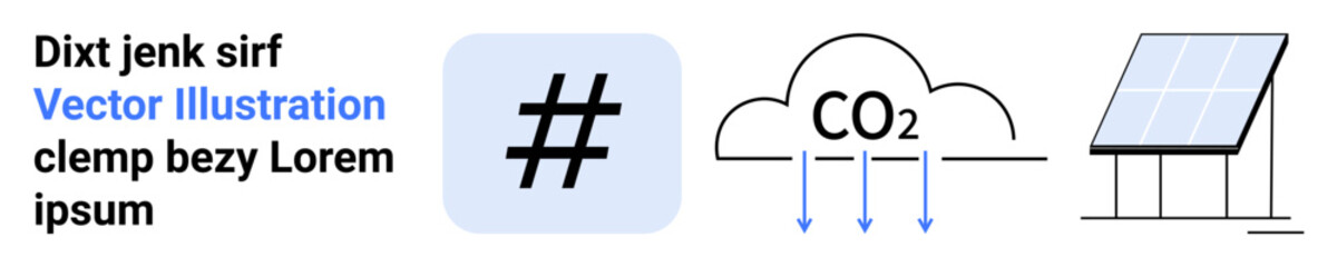 Solar panel next to cloud with CO2 arrows downwards and metadata tag on square. Ideal for sustainability, climate change, technology, renewable energy, eco-friendly practices, environment, simple