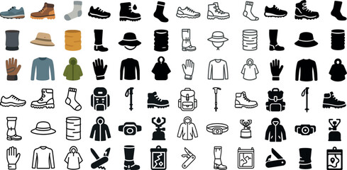 Outdoor adventure icons and gear for hiking and camping enthusiasts