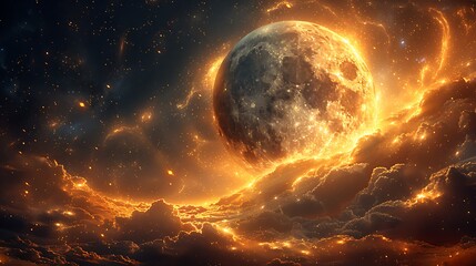 Obraz premium Mystical moon surrounded by golden energy high resolution image