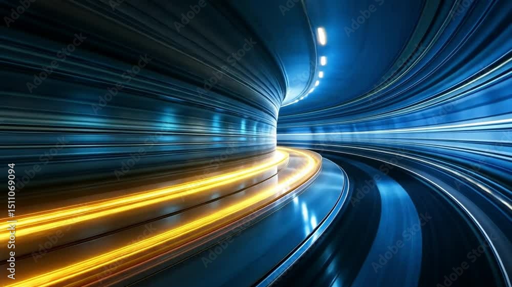 Poster vibrant abstract motion in futuristic tunnel blue and yellow light trails create dynamic speed and c