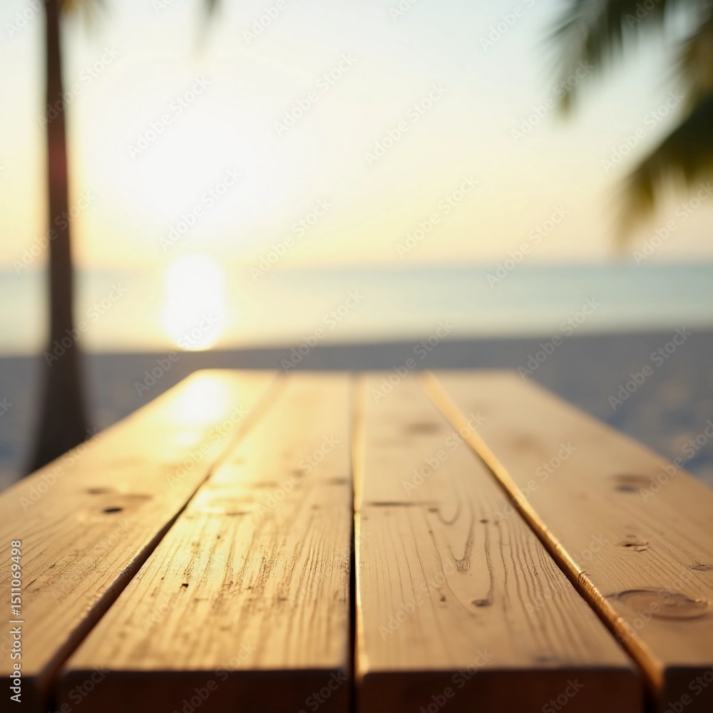 Poster a rustic wooden table glows under the warm sunlight, set against a backdrop of soft sand and a seren