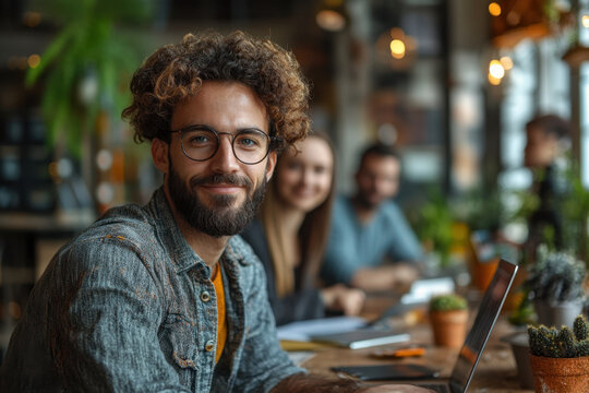 Curly-haired man with glasses working on laptop at table.