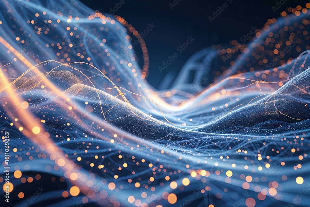Poster ethereal flow of particles and light: futuristic texture and network visualization