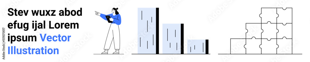 Aufkleber female character analyzing data with bar graphs beside interlocking puzzle blocks. ideal for analyti