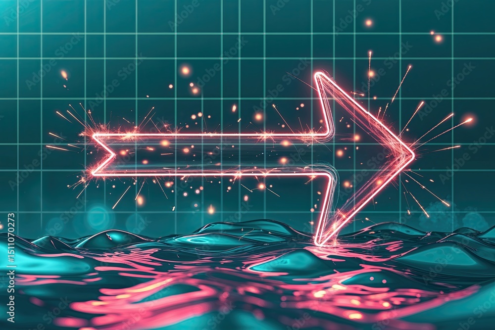 Poster dynamic neon arrow with sparks on teal wave grid background