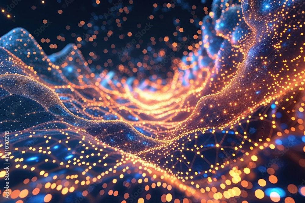 Poster glowing digital symphony: futuristic particle network and wave texture