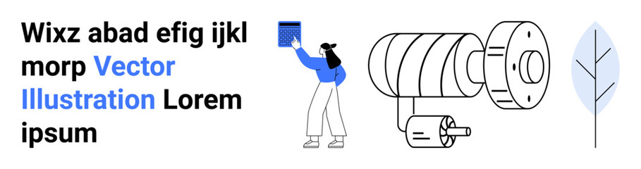 Female engineer analyzing data on a clipboard next to a machine with gears, emphasizing sustainability. Ideal for engineering, technology, manufacturing, eco-awareness, innovation, renewable energy