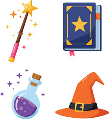 Naklejka premium Magic wand potion bottle wizard hat and spell book vector illustration with fantasy theme elements