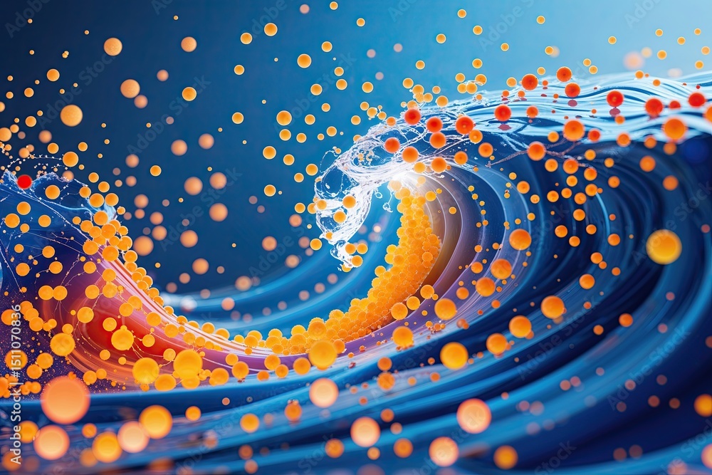 Poster vibrant wave with floating dots and lines: connectivity and technology design in a 3d environment
