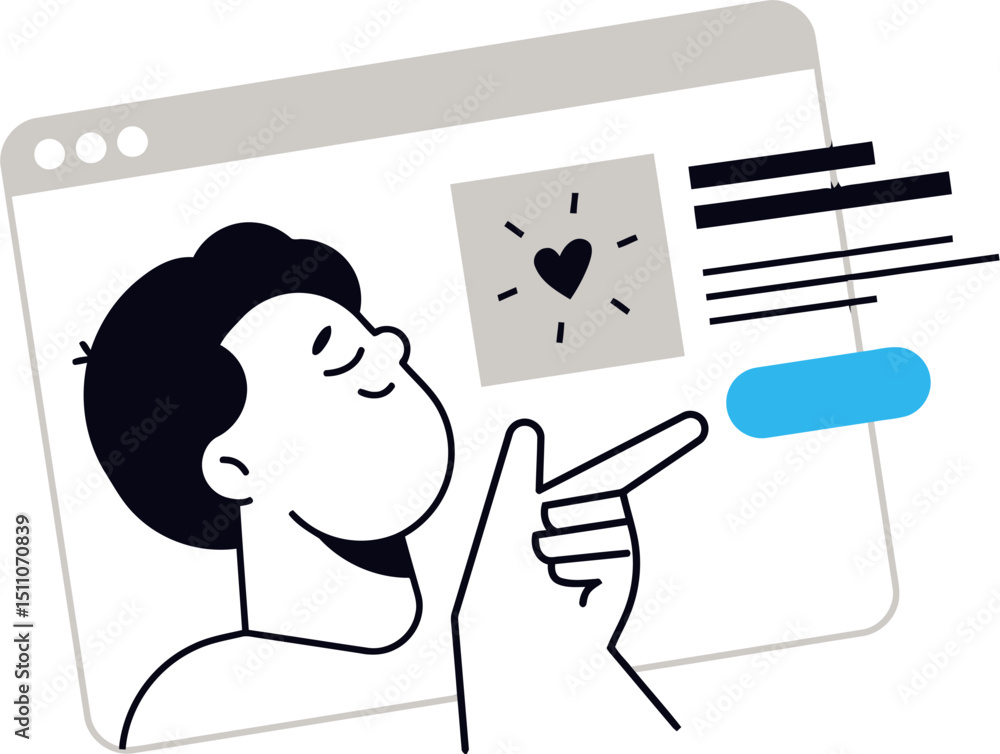 Poster illustration man pointing web design love heart button click online digital interface website browsi