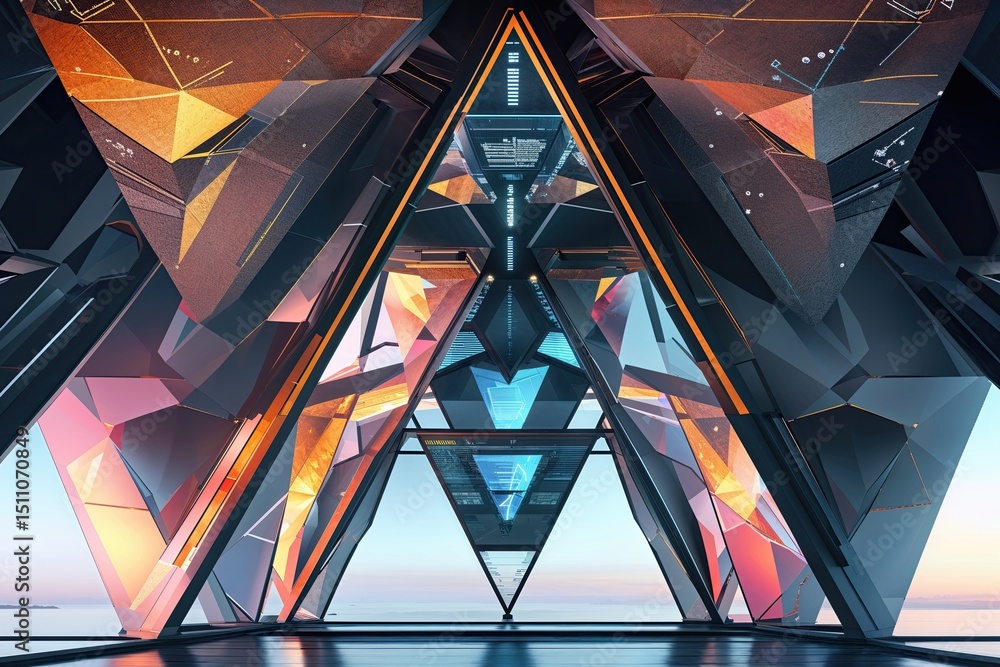 Poster unique triangular architecture with multi-layered digital elements and geometric design