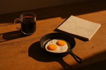 Rustic road trip breakfast with coffee and sunny side up eggs in natural light