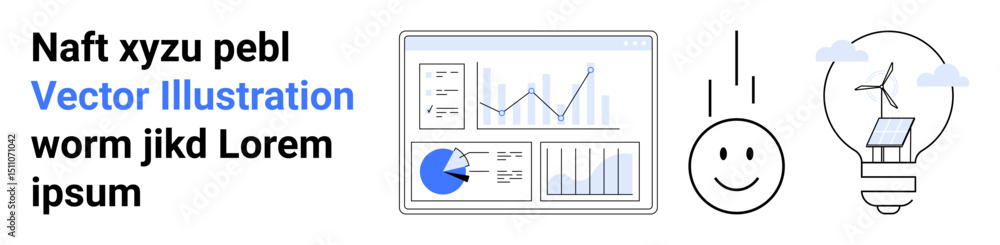 Poster data dashboard with graphs, creative lightbulb with wind turbine, smiling face. ideal for analytics,
