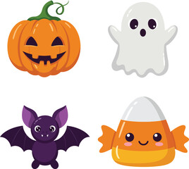Naklejka premium Halloween pumpkin ghost bat and candy corn cute cartoon characters vector illustration