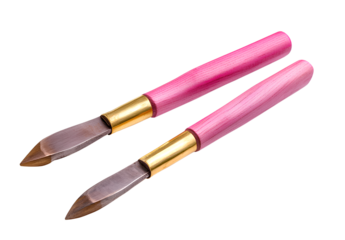  3-piece wood chisel set with pink handles and brass tips, white background, stock photo  