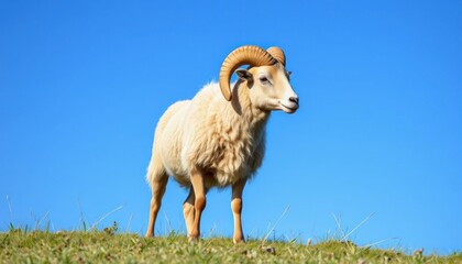 Fototapeta premium Majestic ram standing in a meadow under a clear blue sky portrait