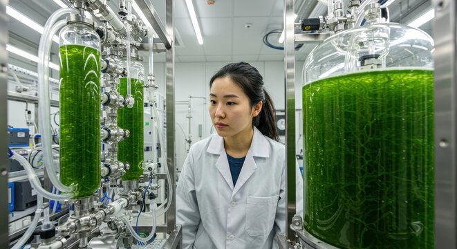 A scientist closely examines bioreactors containing vibrant green algae in a modern lab setting