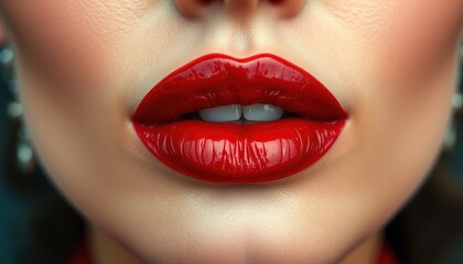 Fototapeta premium Sensual red lips with a glossy finish for beauty and fashion advertisements