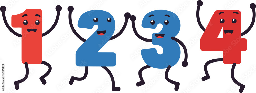Poster dancing red and blue animated numbers one two three four with happy faces and arms vector illustrati