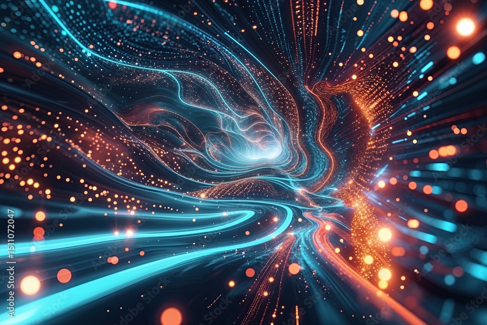 Poster futuristic technology abstract background with flowing digital waves and glowing particles
