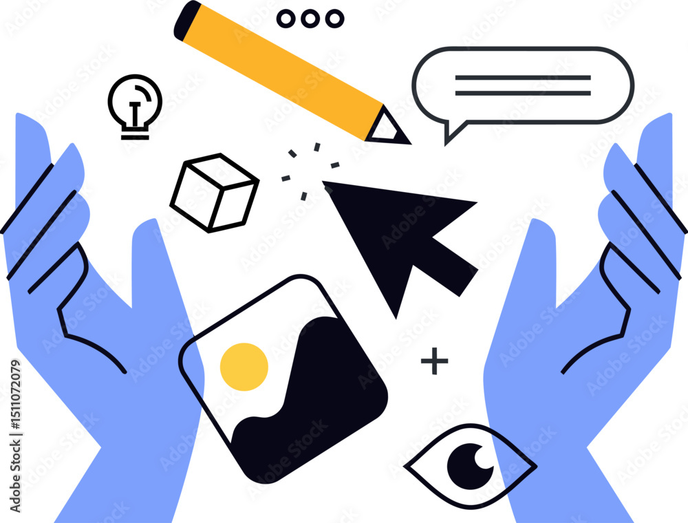 Poster illustration of creative process design with hands pencil cursor and chat bubble for web design work