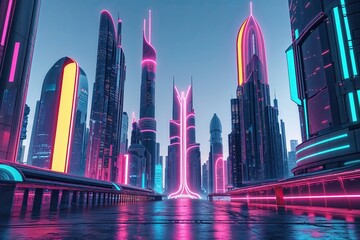 Futuristic Urban Architecture with Neon Effects: A Visionary Metropolitan Skyline in Abstract Graphic Advertising