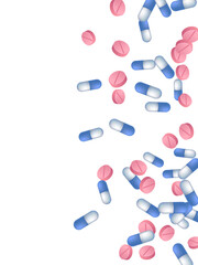 Pharmacy pills medical vector illustration. Capsule drugs and tablets isolated elements. Blue white and pink pills, first aid treatment or vitamins. Fast heartbeat cure drugs.