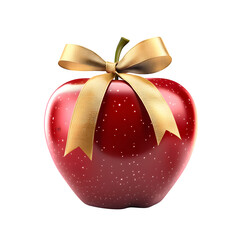 photorealistic shiny red apple with a golden ribbon tied around it, isolated on white, symbolizing teacher appreciation, --raw