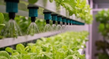 Hydroponic setup waters fresh lettuce in an indoor farm, showcasing modern agricultural techniques