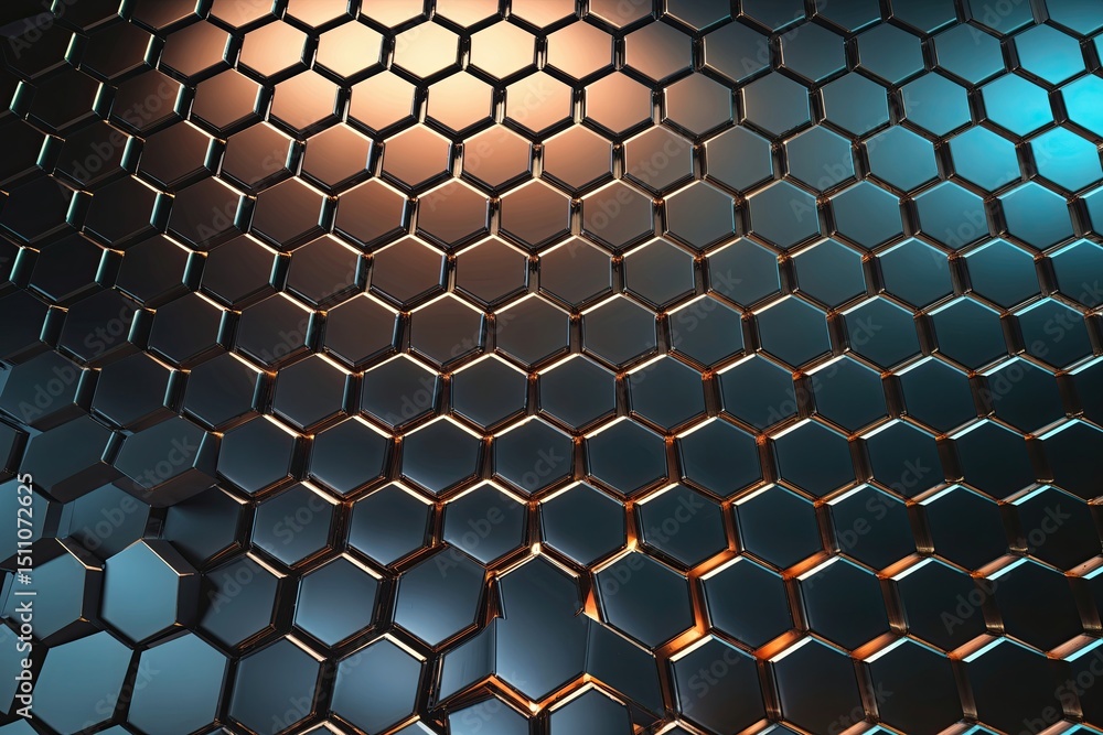 Poster metallic hexagon pattern with ambient lighting for contemporary background design