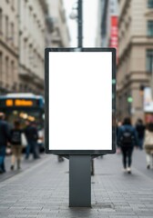 Blank advertising panel in city setting, capturing the essence of urban movement with blurred bus and pedestrians.