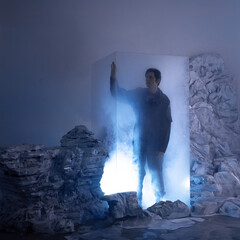 Astronaut trapped in ice crystal on frozen exoworld, dramatic survival concept with cinematic smoke...