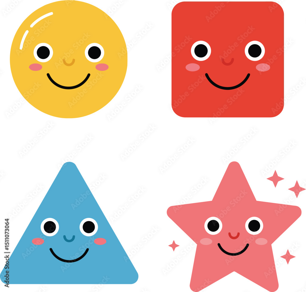 Aufkleber smiling colorful geometric shapes with friendly faces including circle square triangle and star vect