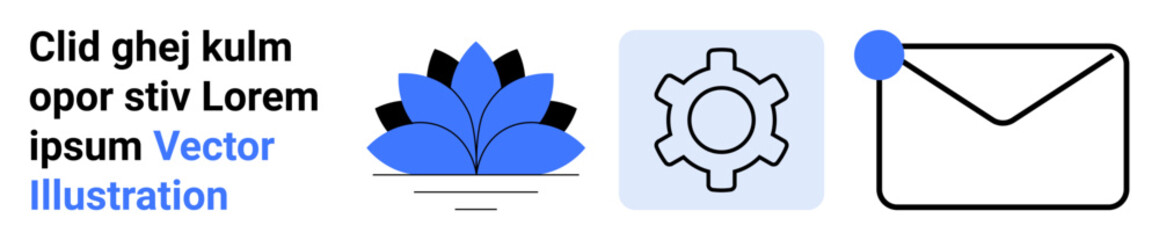 Blue flower, outlined gear, and envelope with notification point suggest creativity, connectivity, and efficiency. Ideal for communication, networking, productivity, notifications organization