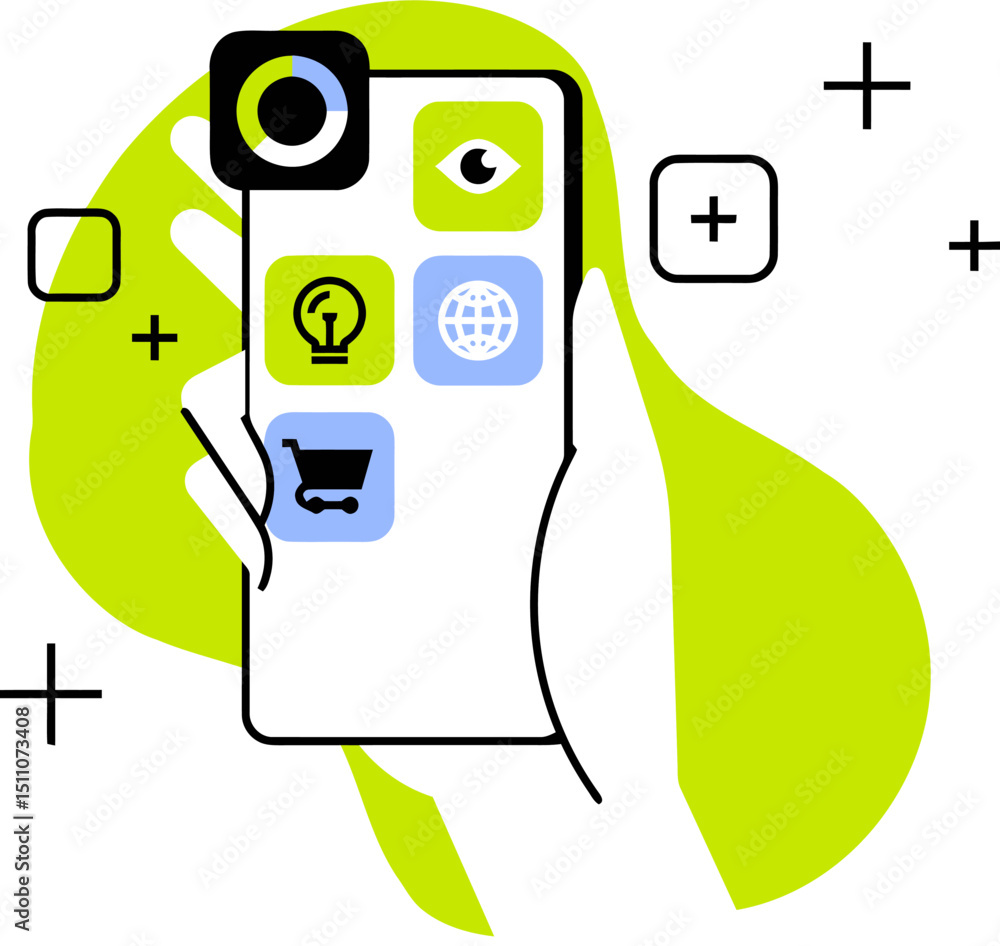 Poster mobile app development hand holding smartphone with icons for business and e commerce ui design 100 