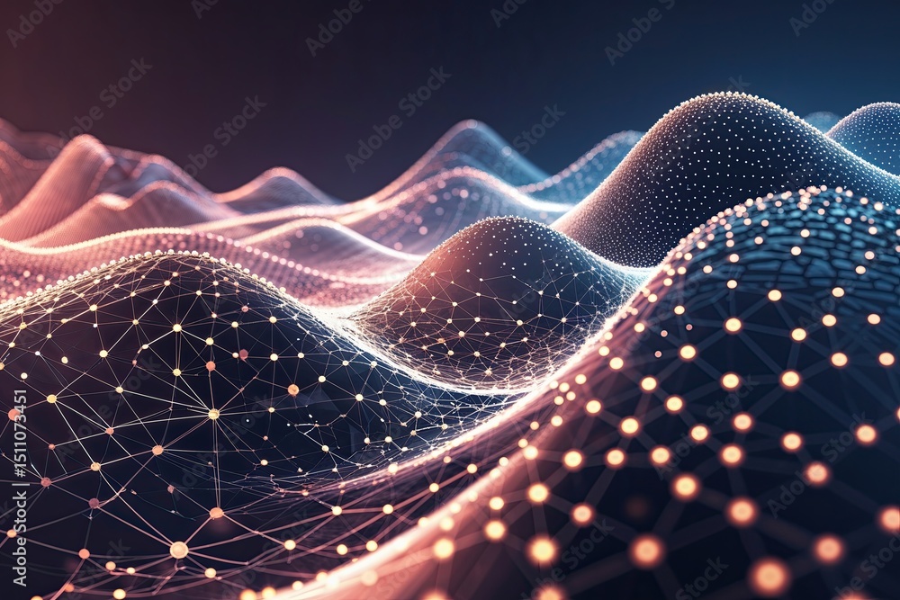 Poster abstract wave with moving dots and lines in a cyber technology network