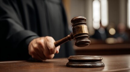 Judge is holding a gavel in a courtroom, ready to strike on a sound block, indicating an order in the proceedings
