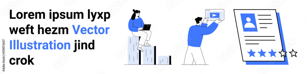 Poster individual using a laptop on stacked bars and another presenting a profile with rating. ideal for co