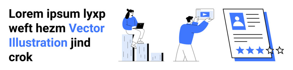 Individual using a laptop on stacked bars and another presenting a profile with rating. Ideal for collaboration, recruitment, success analysis, digital marketing, team dynamics, education, simple