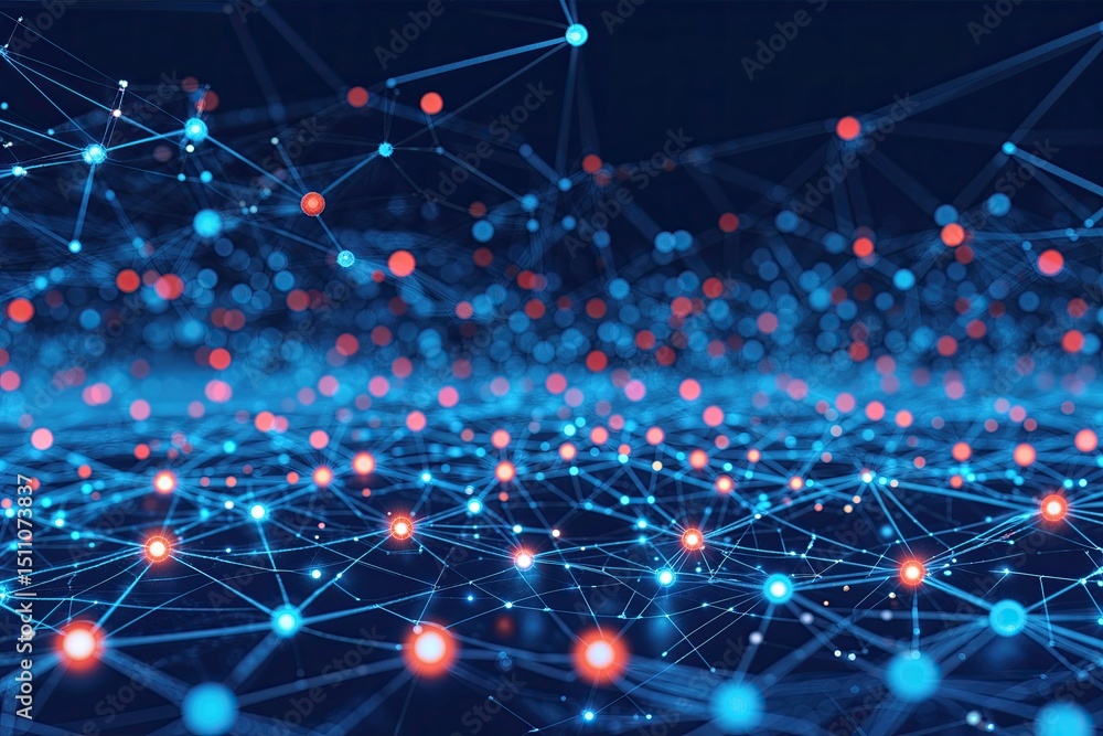 Poster dynamic digital networking grid in navy blue: vibrant optical connections and abstract data landscap
