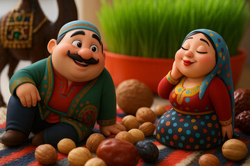Comfortably seated on a colorful rug, a cheerful man and a vivacious woman share a moment amidst the many nuts scattered around them.