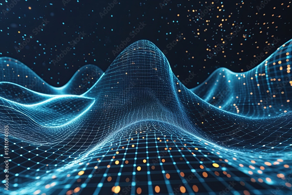 Poster futuristic digital wave of particles with textures and grid patterns in dark space background